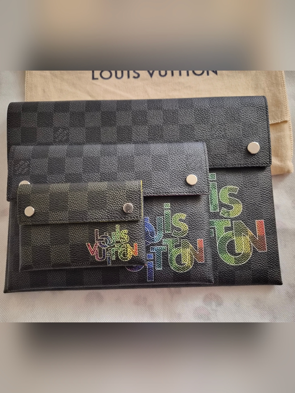 Virgil Abloh Damier Graphite Coated Canvas Alpha Triple Pouches